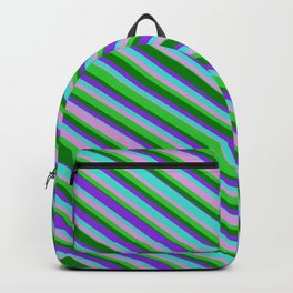 [ Thumbnail: Turquoise, Plum, Lime Green, Green & Purple Colored Lined Pattern Backpack ]