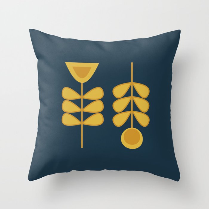 Scandi Garden Retro Minimalist Flower Pair in Mustard Yellow and Navy Blue Throw Pillow