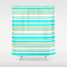 [ Thumbnail: White, Aqua & Tan Colored Striped/Lined Pattern Shower Curtain ]