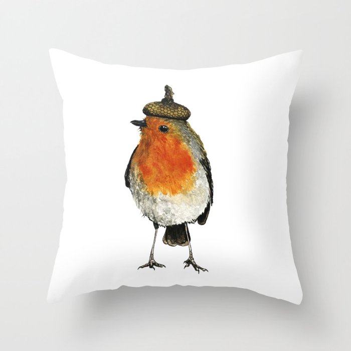 Robin with acorn hat Throw Pillow