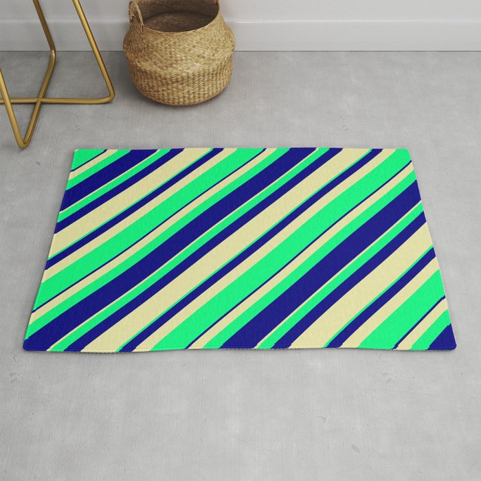 Pale Goldenrod, Green, and Blue Colored Stripes/Lines Pattern Rug