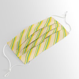 [ Thumbnail: Sea Green, Yellow & Tan Colored Lines/Stripes Pattern Face Mask ]