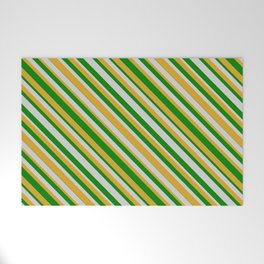 [ Thumbnail: Green, Light Gray, and Goldenrod Colored Striped Pattern Welcome Mat ]