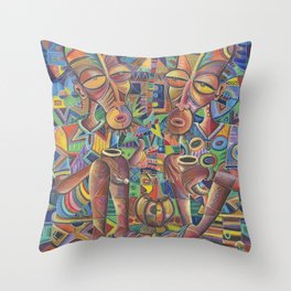 The Happy Villagers IV painting of traditional African village life Throw Pillow