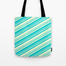 [ Thumbnail: Dark Turquoise & Light Yellow Colored Lines/Stripes Pattern Tote Bag ]