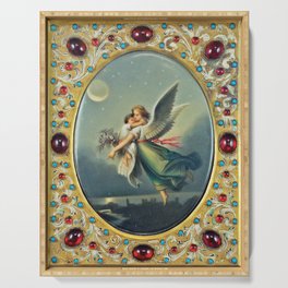 The Guardian Angel in flight over twilight in the city bejeweled portrait painting Serving Tray