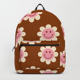 70s Retro Smiley Floral Face Pattern in Brown, Pink & Beige petals Backpack
