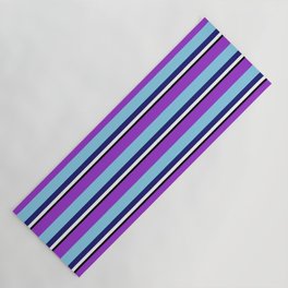 [ Thumbnail: Vibrant Dark Orchid, Sky Blue, Midnight Blue, White & Black Colored Pattern of Stripes Yoga Mat ]