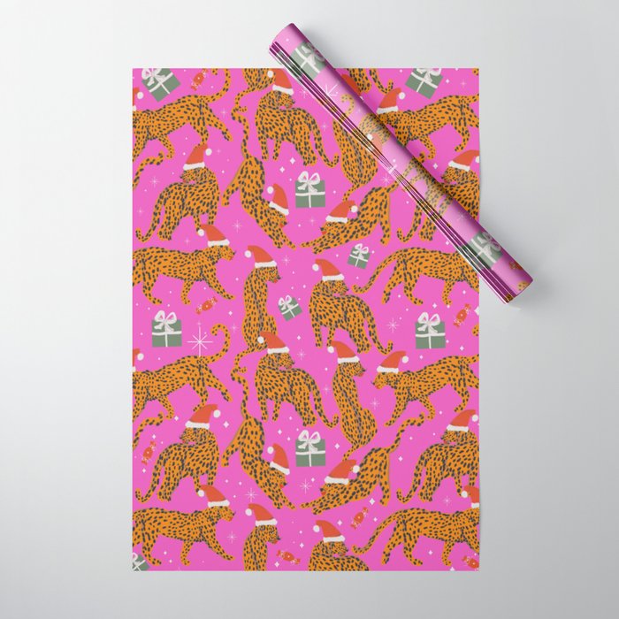 Fashionable cats with Christmas hats and gifts in fuchsia pink background  Wrapping Paper