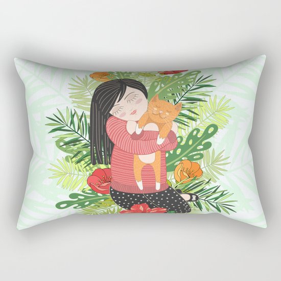 Girl and cat Rectangular Pillow