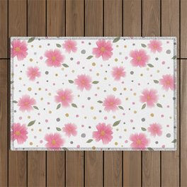 Abstract Loose Hand-painted Watercolor Cherry Blossoms, Japanese Sakura Tree Floral Pattern With Polka Dots in Gold, Blush Pink, Green and Black Color Outdoor Rug