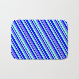 [ Thumbnail: Blue, Medium Slate Blue & Aquamarine Colored Pattern of Stripes Bath Mat ]