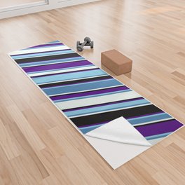 [ Thumbnail: Colorful Indigo, Sky Blue, Blue, Mint Cream, and Black Colored Lines Pattern Yoga Towel ]