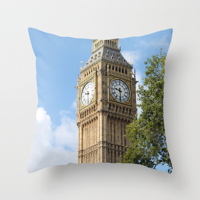 Great Britain Photography - Big Ben Under The Blue Sky By A Green Tree Throw Pillow