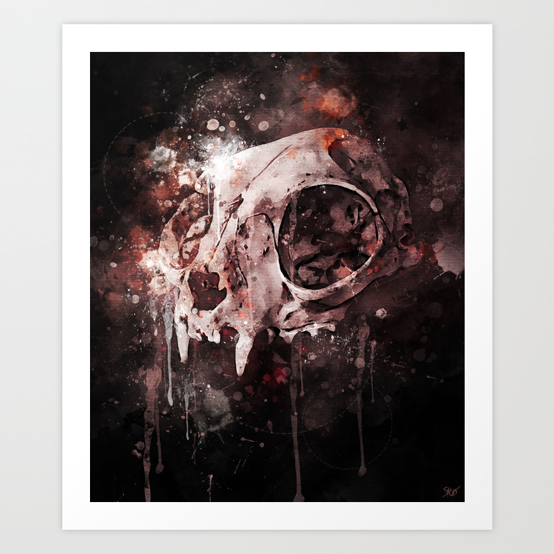 Tattoo Cat Skull Watercolor Painting Original Design Art Print