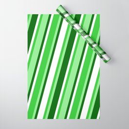 [ Thumbnail: Lime Green, Light Green, Dark Green, and White Colored Pattern of Stripes Wrapping Paper ]