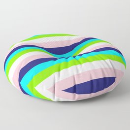 [ Thumbnail: Pink, Midnight Blue, Cyan, Chartreuse, and White Colored Lined/Striped Pattern Floor Pillow ]