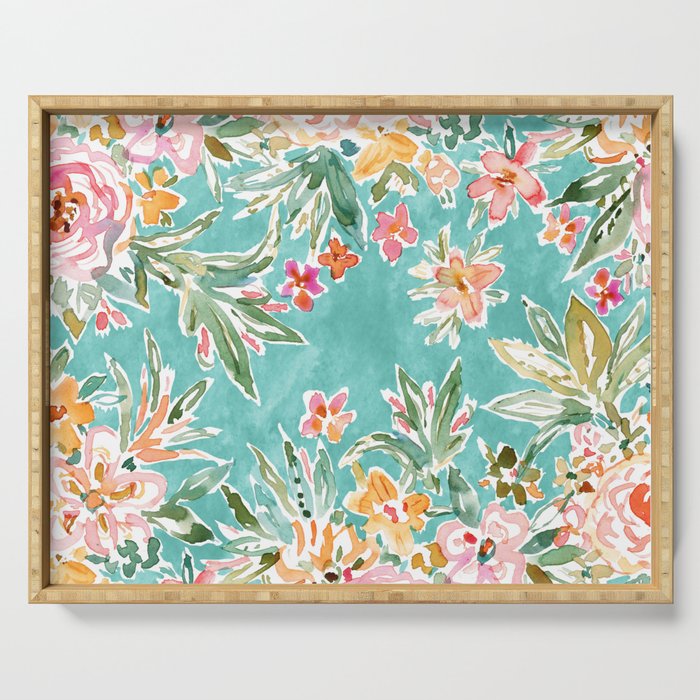 SELF MADE Colorful Aqua Floral Serving Tray