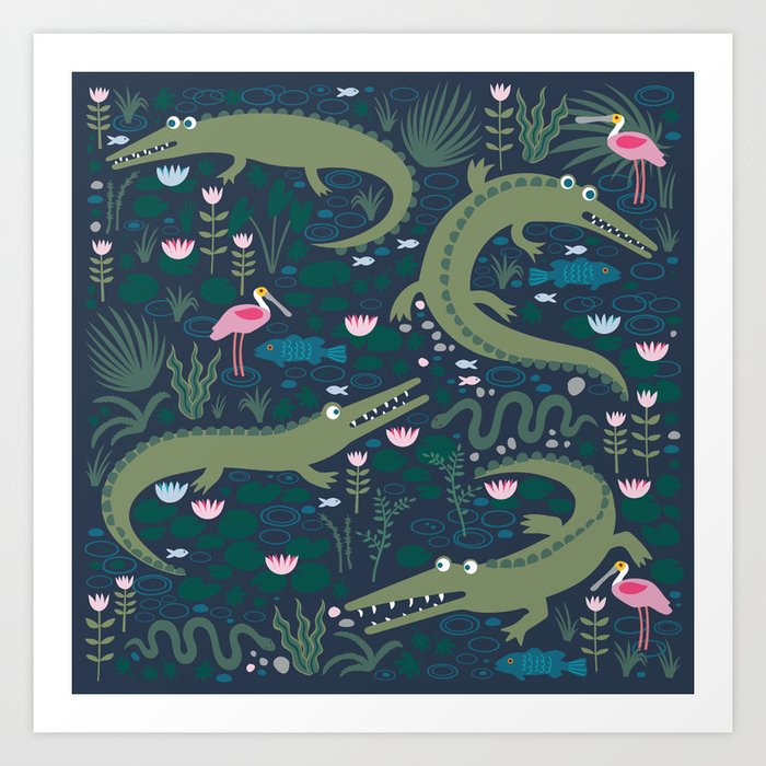 American Alligators and Roseate Spoonbills - Comeback Species by Cecca Designs Art Print