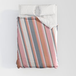 [ Thumbnail: Light Pink, Dark Salmon, Light Slate Gray & White Colored Striped Pattern Duvet Cover ]