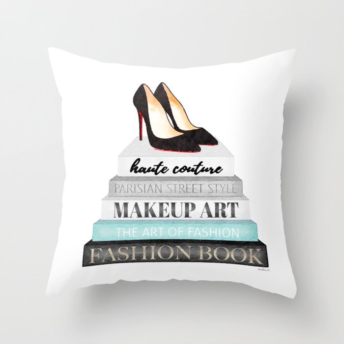 Medium Books Grey Tone, Black Shoes Red Sole Throw Pillow By
