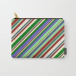 [ Thumbnail: Slate Blue, Light Green, Brown, Beige & Green Colored Pattern of Stripes Carry-All Pouch ]