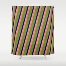 [ Thumbnail: Green, Dark Blue, and Salmon Colored Striped Pattern Shower Curtain ]