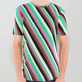 [ Thumbnail: Colorful Green, Violet, Brown, Black & White Colored Stripes Pattern All Over Graphic Tee ]