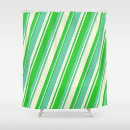 [ Thumbnail: Lime Green, Aquamarine & Beige Colored Stripes/Lines Pattern Shower Curtain ]