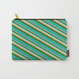 [ Thumbnail: Beige, Dark Salmon, Green & Light Sea Green Colored Lines Pattern Carry-All Pouch ]