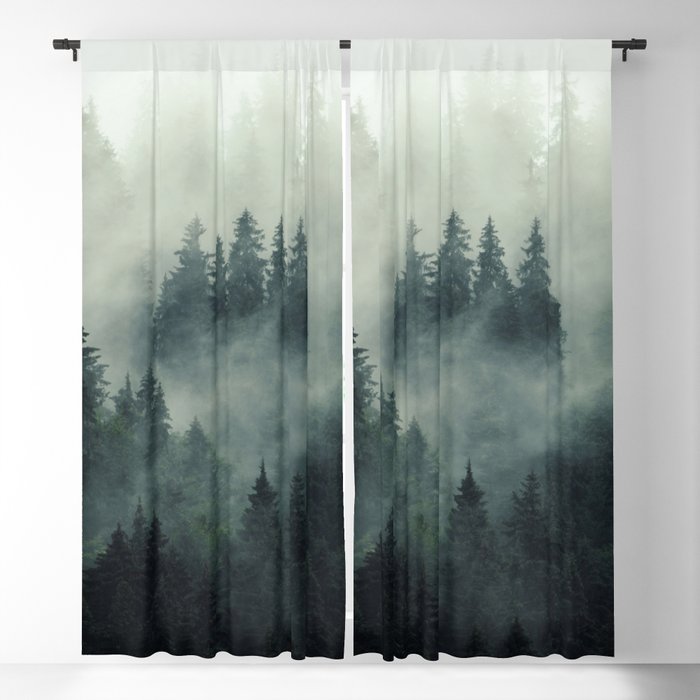 Green misty mountain pine forest in cloudy and rainy - vintage style photo Blackout Curtain