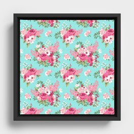 Cottage Chic Pink and Red Roses on Turquoise Linen Framed Canvas