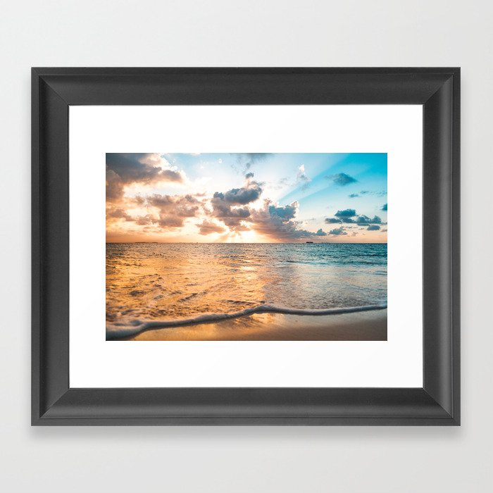 sunset sky over ocean - beach with sunset sky horizon Framed Art Print