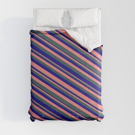 [ Thumbnail: Light Coral, Dark Slate Gray & Blue Colored Striped/Lined Pattern Comforter ]