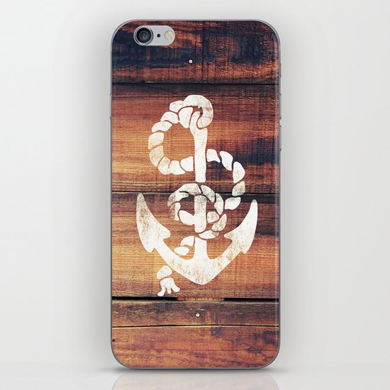 Vintage Nautical Anchor White on Brown Wood Grain iPhone & iPod Skin