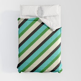[ Thumbnail: Turquoise, Forest Green, Beige, and Black Colored Lines/Stripes Pattern Comforter ]
