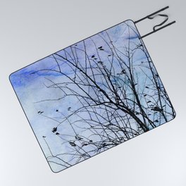Hand painted blue lavender watercolor sky black tree  Picnic Blanket
