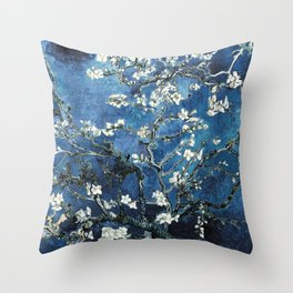Van Gogh Almond Blossoms Dark Navy Blue Throw Pillow