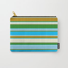 [ Thumbnail: Forest Green, Deep Sky Blue, Beige, Sky Blue, and Dark Goldenrod Colored Striped/Lined Pattern Carry-All Pouch ]
