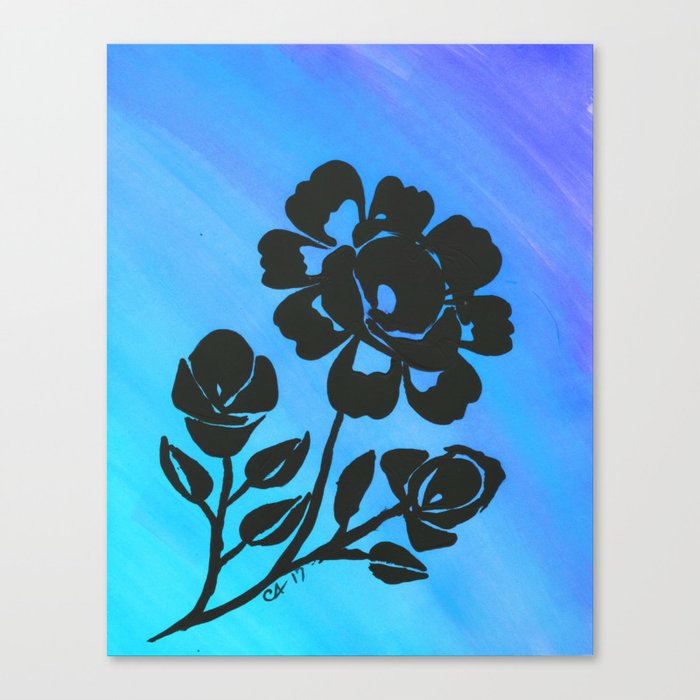 Rose Silhouette With Painted Blue Background Canvas Print By