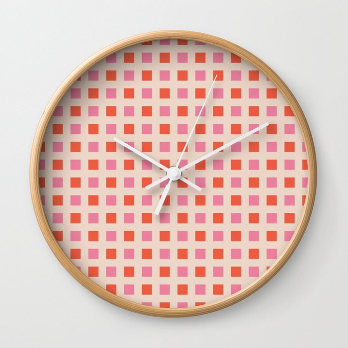 Retro Boxes Geometric Check Grid Pattern Pink Orange Wall Clock