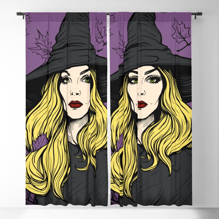 Witch and Autumn Leaves Vintage Horror Halloween Black Purple Violet Yellow Blackout Curtain