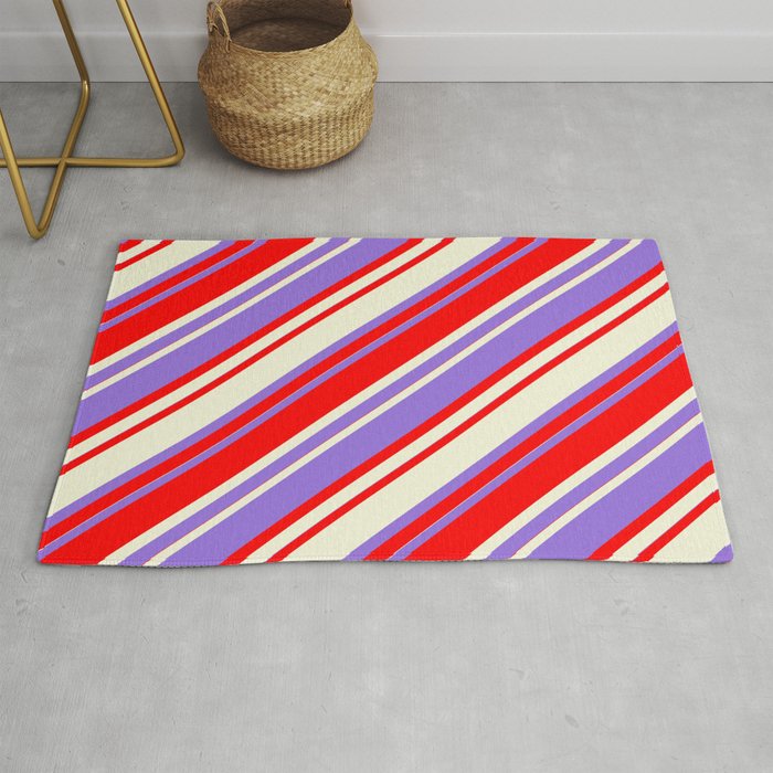 Purple, Red, and Beige Colored Striped Pattern Rug