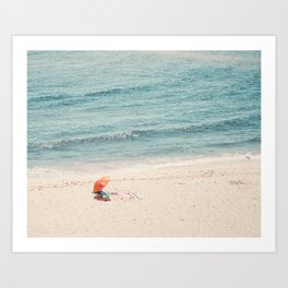 Aerial Orange Beach Umbrella - Ocean - Beach and Sea photography by Ingrid Beddoes Art Print