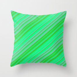 [ Thumbnail: Aquamarine, Lime Green & Green Colored Striped/Lined Pattern Throw Pillow ]