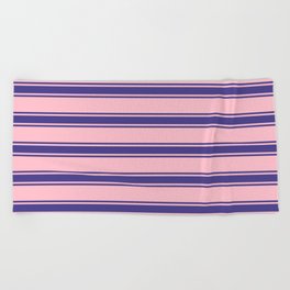 [ Thumbnail: Pink and Dark Slate Blue Colored Pattern of Stripes Beach Towel ]