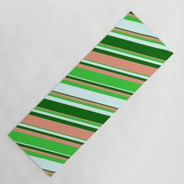 [ Thumbnail: Dark Salmon, Lime Green, Light Cyan, and Dark Green Colored Stripes/Lines Pattern Yoga Mat ]