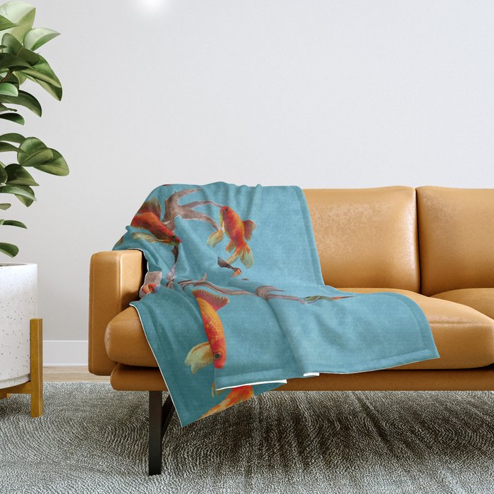 Deer with goldfishes swimming around Throw Blanket