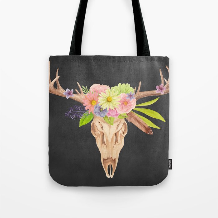 Deer Skull and Flowers Tote Bag