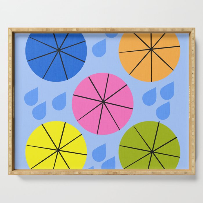 Mid-Century Modern Spring Rain Colorful And Blue Serving Tray